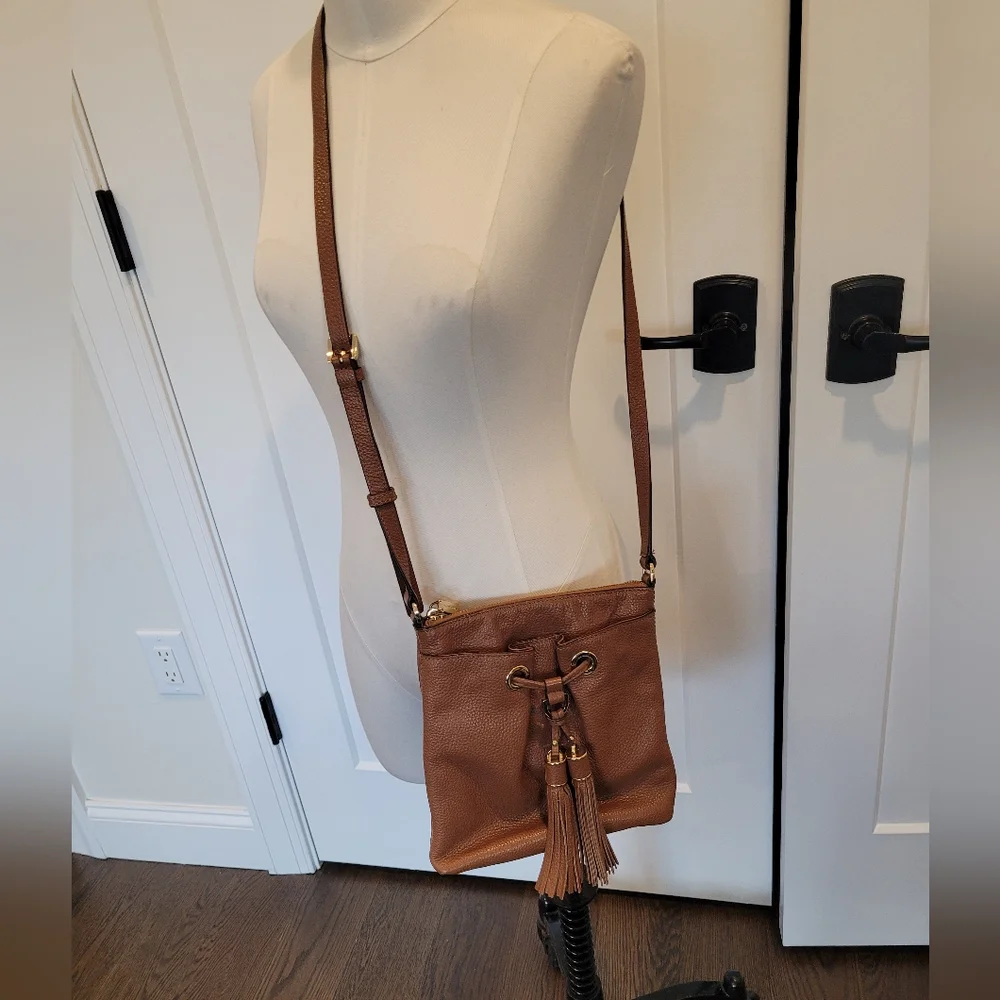 Michael Kors Bag Camden Drawstring Brown Genuine Leather Tassel Small Crossbody